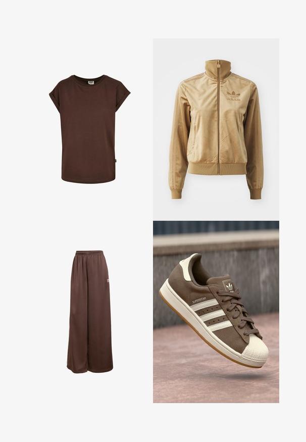 Tan velour zip-up jakke med høj krave. Har ribbede manchetter og kant, sidelommer og broderet logo på brystet.; Brun bomulds t-shirt med korte optrillede ærmer, rund halsudskæring og en løs pasform. Har et lille mærke på side sømmen.; adidas Originals Træningsbukser - auburn cream white; Brune ruskinds sneakers med hvide striber, cremefarvede detaljer og gummiskal tå. Har snørebåndsdesign og struktureret gummisål.