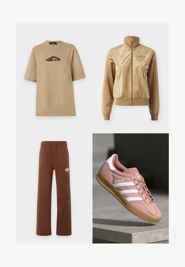 Hnedá velúrová mikina s dlhým zipsom a vysokým golierom. Obsahuje rebrované manžety a lem, bočné vrecká a vyšívané logo na hrudi.; Béžové bavlnené tričko s krátkymi rukávmi, na prednej strane s čiernym grafickým logom. Klasický strih s okrúhlym výstrihom a voľný strih.; Hnedé teplákové nohavice z mäkkého materiálu s uvoľneným strihom, s elastickým pásom, šnúrkou na stiahnutie a bielym logom na ľavom stehne.; Ružové semišové tenisky s bielymi pruhmi, gumovou podrážkou, textúrovaným vrchom a logom na jazykovej části. Klasický nízkoprofilový dizajn.