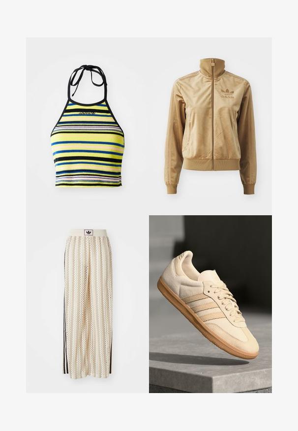 Bež velur jakna na zip z visokim ovratnikom. Ima rebraste manšete in rob, stranske žepe ter izvezeno logo na prsih.; Črtasta halter crop majica iz mehkega materiala, ki ima rumene, črne, modre in roza črte z črnim izrezom in detajlom zvezanja.; Hlače širokega kroja kremne barve z zigzag vzorcem, opremljene z črnim logotipom na pasu in stranskimi črnimi črtami. Lahka, teksturirana tkanina.; Svetlo bež semišni športni copat z gumijastim podplatom, trije poševni trakovi in teksturiran zaščitni del. Vsebuje logotip na ježku in strani.