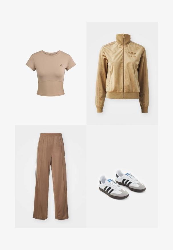 Chaqueta de felpa de color beige con cremallera y cuello alto. Presenta puños y dobladillo acanalados, bolsillos laterales y un logo bordado en el pecho.; Camiseta deportiva recortada en color beige con mangas cortas, sección inferior acanalada y logo sutil en el pecho. Textura suave, diseño ajustado.; Pantalones deportivos marrones hechos de tela suave, con una cinturilla elástica, bolsillos laterales y acentos en blanco del logo en la cadera izquierda.; Zapatillas deportivas con parte superior de piel blanca, puntera de ante gris y tres rayas negras. Presentan un logo azul en la lengüeta y una suela de goma texturizada.
