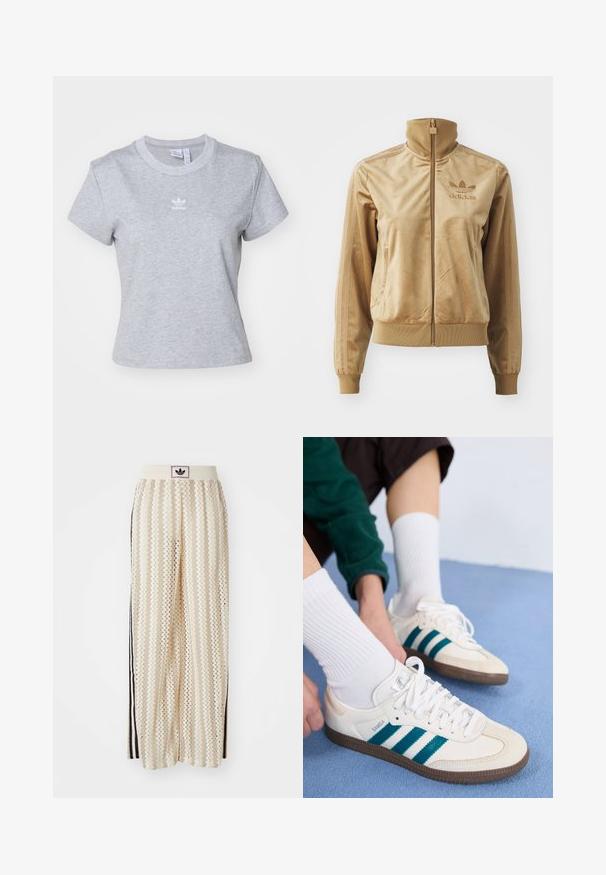 Šviesiai ruda velūrinė striukė su užtrauktuku ir aukštu apykakle. Savybės: pūstos rankovės ir apatinis kraštas, šoninės kišenės bei siuvinėtas logotipas ant krūtinės.; adidas Originals ESS SLIM - Paprasti marškinėliai - medium grey heather; Grietos spalvos plačios kelnės su zigzagų raštu, turinčios juodą logotipo juostą ir šonines juodas juosteles. Lengvas, tekstūruotas audinys.; Balti sportiniai bateliai su žaliais dryžiais, tekstūruota viršutinė dalis ir rudi guminiai padai. Suderinti su baltais raukšlėtais kojinėmis.