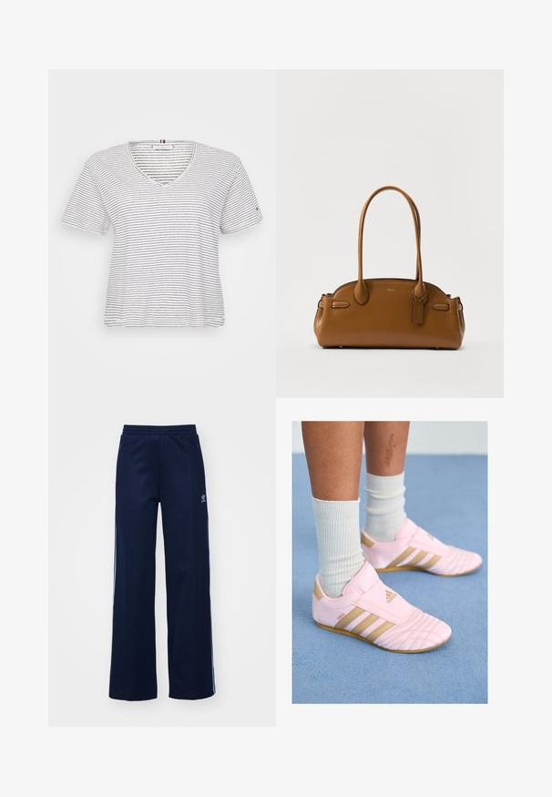 Kreemjas veluurist kapuutsiga jakki, mis sulgub tõmbel. Omab soonikkudega mansette ja allääri, küljetaskuid ning tikandiga logo rinnal.; Ribade lühikeste varrukatega T-särk V-kaelusega. Valmistatud kergest puuvillast, millel on horisontaalsed mustad ja valged triibud ning lõdva lõikega.; Tumesinise puuvillaseguse kangaga dressipüksid laia säärekujundusega, elastse värvliga ja tõmblukkudega taskutega, millel on valged külg triibud ja logodetail.; Roosa sportlikud jalanõud kuldsete aktsentidega, tekstiilne esiosa ja kolme triibu disain. Kantud ribakujuliste valgete sokkidega. Lame kummist tallaosa.; Kahvatu nahast käekott, millel on sile tekstuur, ümar kuju, topeltkäepidemed ja dekoratiivne silt. Omab peent pistmistööd ja voolujoonelist disaini.