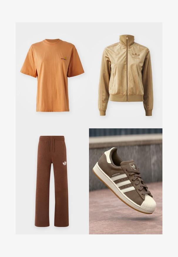 Bež velur jakna s patentnim zatvaračem i visokim ovratnikom. Sadrži rebraste rukave i rub, bočne džepove i izvezeni logotip na prsima.; Majica s kratkim rukavima, okruglog izreza, u prigušenoj narančastoj boji od pamuka, sa malim izvezenim logotipom u tamnocrvenoj boji na lijevoj strani grudi.; Smeđe trenirke od mekog materijala s opuštenim krojem, s elastičnim pojasom, vezicom i bijelim logotipom na lijevom bedru.; Smeđi suedetenisice s bijelim prugama, kremastim naglascima i gumenkatom nosu. Imaju vezano dizajn i teksturiranu gumu.