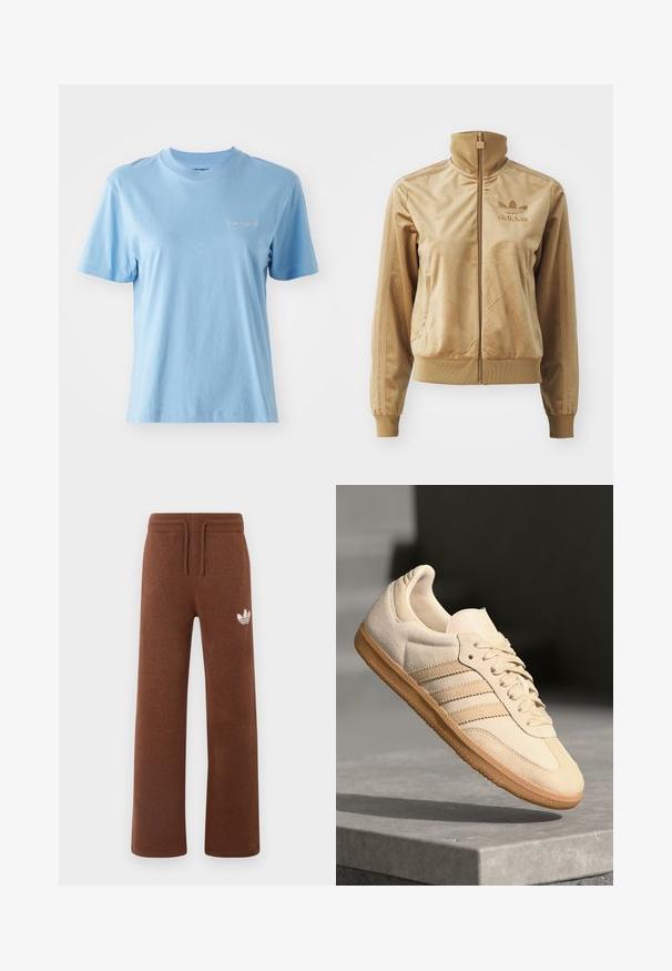 Tan velour zip-up jacka med hög krage. Har ribbade ärmslut och nederkant, sidofickor och broderad logga på bröstet.; Kortärmad t-shirt med rund hals i mjuk bomull i ljusblått, med en liten vit Carhartt-logga på bröstet. Slät textur.; Bruna sweatpants i mjukt tyg med avslappnad passform, med resårmidja, dragsko och en vit logotyp på vänster lår.; Ljusbeige mockasneaker med gummisula, tre diagonala ränder och en texturerad tåhuvud. Har logotyp på tungan och sidan.