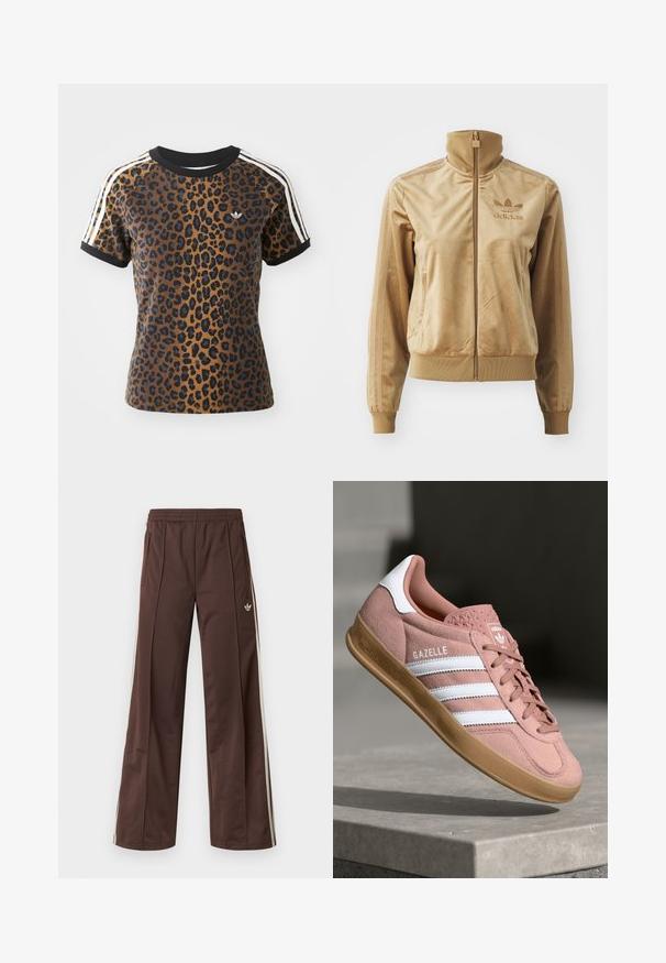 Béžová sametová bunda na zip s vysokým límcem. Obsahuje žebrované manžety a lem, boční kapsy a vyšívané logo na hrudi.; Tričko s potiskem leopardího vzoru, krátké rukávy, černý žebrovaný kulatý výstřih a bílé boční pruhy. Vyrobeno z měkké látky s volným střihem.; Hnědé sportovní kalhoty s širokými nohavicemi, bílými pruhy po stranách, elastickým pasem a dvěma bočními kapsami. Na nohavici je malá značka.; Růžové semišové tenisky s bílými pruhy, gumovou podrážkou, texturovaným svrškem a logem na jazyku. Klasický nízký design.