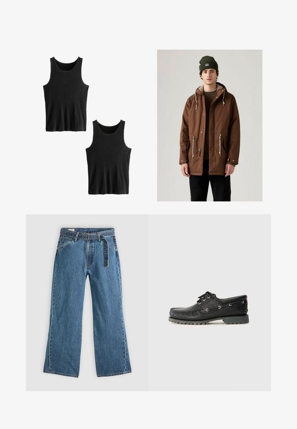 Brun vandtæt jakke med hætte, snorelukninger og to forlommer. Båret over en brun sweater og parret med en grøn hue.; Next TWO PACK - Top - black ribbed; Blå denim brede bukser med fastgjort bælte, frontlommer og synlig syning på en lys ensfarvet baggrund.; Sort tekstureret snørebåndssko med rund tå, metaløjer og en robust grå gummisål. Har et vævet mønster på overdelen.