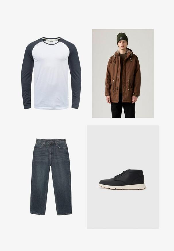 Brown waterproof jacket with a hood, drawstring closures, and two front pockets. Worn over a brown sweater and paired with a green beanie.; Long-sleeve t-shirt with a white body and dark gray raglan sleeves. Made of smooth fabric with a rounded neckline and subtle stitching details.; Dark blue denim jeans with a straight leg design, five pockets, belt loops, and subtle fading on the material. Stitched hem detailing.; Black leather chukka boots with a white rubber sole, featuring round laces and a side logo embossed on the heel. Smooth texture throughout.