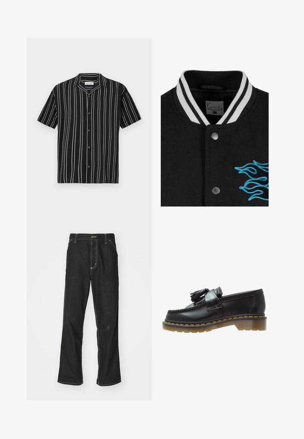 Giacca varsity nera con colletto a righe bianche, chiusura con bottoni a pressione e vivace ricamo di fiamme blu sul lato sinistro.; Maglietta in stile baseball bianca con maniche corte, bottoni neri sul davanti e scritta "CORE" in nero in evidenza. Presenta rifiniture in nero lungo il colletto.; Camicetta nera a maniche corte con strisce bianche verticali, design con bottoni e colletto aperto. Realizzata in tessuto leggero, texture liscia.; Jeans in denim nero con una vestibilità ampia, caratterizzati da cuciture bianche a contrasto, chiusura a bottone e un design a gamba dritta.; Mocassini in pelle nera con finitura testurizzata, caratterizzati da un pon-pon decorativo e cuciture gialle a contrasto, su una suola spessa e trasparente.