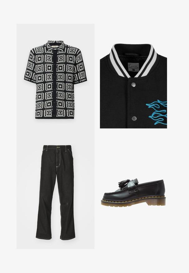 Schwarze College-Jacke mit einem weißen gestreiften Kragen, Druckknopfverschluss und lebendiger blauer Flammenstickerei auf der linken Seite.; Weißes Baseball-Trikot mit kurzen Ärmeln, schwarzen Frontknöpfen und fett gedrucktem "CORE"-Schriftzug in Schwarz. Mit schwarzen Akzenten entlang des Kragens.; Kurzarmhemd in Schwarz und Weiß mit einem quadratischen Muster. Hergestellt aus strukturiertem Stoff, mit Knopfleiste und spitzem Kragen.; Langärmliges weißes Baumwoll-T-Shirt mit Rundhalsausschnitt, das auf der linken Brust ein kleines gelbes und burgunderrotes Logo trägt. Nahtlose Bündchen und Saum.; Schwarze Denim-Jeans mit lockerer Passform, kontrastierenden weißen Nähten, einem Knopfverschluss und geradem Bein.; Schwarze Lederloafer mit strukturiertem Finish, ausgestattet mit einer dekorativen Quaste und kontrastierenden gelben Nähten, auf einer klobigen, transparenten Sohle.
