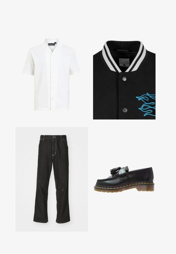 Zwarte varsityjack met een witte gestreepte kraag, drukknoopsluiting en levendige blauwe vlamborduursel aan de linkerkant.; Witte honkbalstijl trui met korte mouwen, zwarte voorknopjes en gedurfde "CORE" letters in het zwart. Beschikt over zwarte accenten langs de kraag.; Witte korte mouwen shirt van zacht materiaal, met een ingesneden kraag, zes knopen aan de voorkant en een losse pasvorm.; Zwarte denim jeans met een losse pasvorm, voorzien van contrasterende witte stiksels, een knoopsluiting en een recht ontwerp.; Zwarte leren instappers met een gestructureerde afwerking, voorzien van een decoratieve kwast en contrasterende gele stiksels, op een chunky, transparante zool.