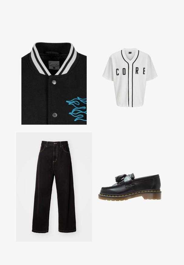 Sort varsityjakke med en hvidstribet krave, trykknaplukning og livlige blå flammebroderier på venstre side.; Hvid baseball-stil trøje med korte ærmer, sorte frontknapper og fed "CORE" skrift i sort. Har sorte accentstriber langs kraven.; Langærmet hvid bomulds T-shirt med rund hals, prydet med et lille gult og burgunder logo på venstre bryst. Uden sømme ved ærmerne og kanten.; Sort denim brede bukser med kontrastsyninger, fem-lomme design og frontlukning med knap. Glat tekstur og holdbart stof.; Sorte læder loafers med en tekstureret overflade, der har en dekorativ kvast og kontrasterende gul syning, på en chunky, transparent sål.