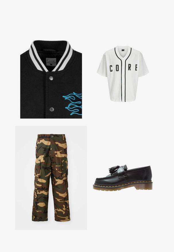 Zwarte varsityjack met een witte gestreepte kraag, drukknoopsluiting en levendige blauwe vlamborduursel aan de linkerkant.; Witte honkbalstijl trui met korte mouwen, zwarte voorknopjes en gedurfde "CORE" letters in het zwart. Beschikt over zwarte accenten langs de kraag.; Witte katoenen T-shirt met lange mouwen en ronde hals, met een klein geel en bordeaux logo op de linkerborst. Naadloze manchetten en zoom.; Camo cargo pants in groen, bruin en beige. Beschikt over twee grote zijzakken en een knoopsluiting. Gemaakt van textuurstof.; Zwarte leren instappers met een gestructureerde afwerking, voorzien van een decoratieve kwast en contrasterende gele stiksels, op een chunky, transparante zool.