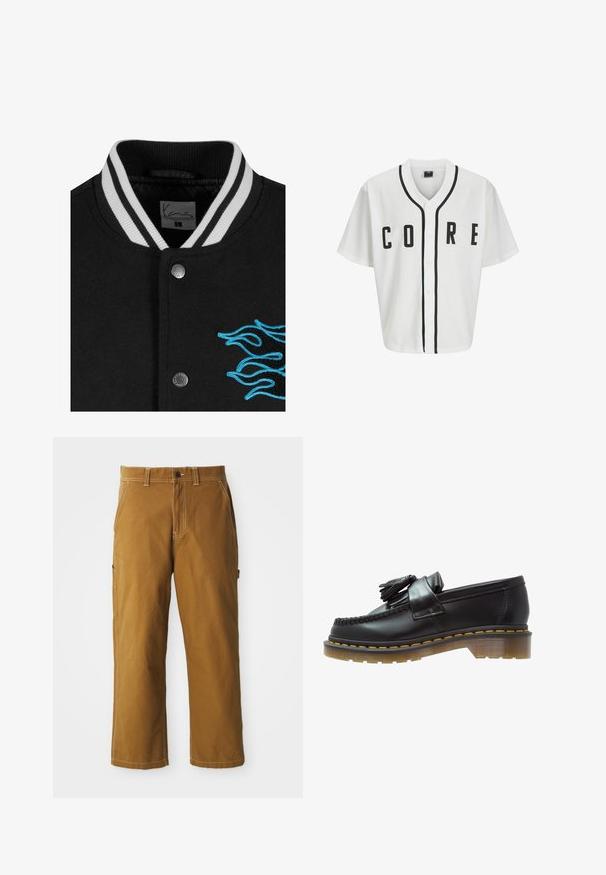 Zwarte varsityjack met een witte gestreepte kraag, drukknoopsluiting en levendige blauwe vlamborduursel aan de linkerkant.; Witte honkbalstijl trui met korte mouwen, zwarte voorknopjes en gedurfde "CORE" letters in het zwart. Beschikt over zwarte accenten langs de kraag.; Witte katoenen T-shirt met lange mouwen en ronde hals, met een klein geel en bordeaux logo op de linkerborst. Naadloze manchetten en zoom.; Bruine katoenen broek met een rechte snit, versterkte stiksels en zijzakken. Beschikt over een knoopsluiting en riemlussen in de taille.; Zwarte leren instappers met een gestructureerde afwerking, voorzien van een decoratieve kwast en contrasterende gele stiksels, op een chunky, transparante zool.