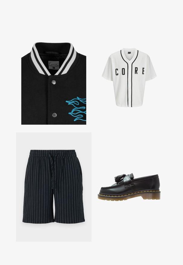 Veste de sport noire avec un col à rayures blanches, fermeture à boutons-pression et broderie de flammes bleues vives sur le côté gauche.; Maillot de style baseball blanc à manches courtes, avec des boutons noirs à l'avant et un lettrage "CORE" en noir, en gras. Présente des accents noirs le long du col.; T-shirt en coton blanc à manches longues avec un col rond, arborant un petit logo jaune et bordeaux sur la poitrine gauche. Poignets et ourlet sans coutures.; Shorts bleu foncé avec des rayures verticales claires, taille élastiquée, fermeture à cordon de serrage et poches latérales. Fabriqués en tissu léger.; Mocassins en cuir noir avec une finition texturée, ornés d'un pompon décoratif et de coutures jaunes contrastantes, sur une semelle épaisse et transparente.