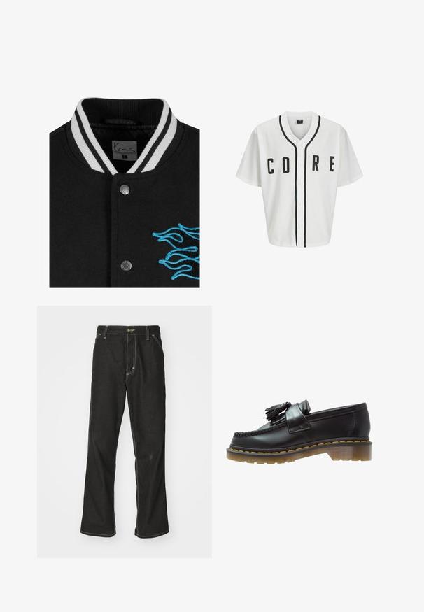 Chaqueta varsity negra con cuello de rayas blancas, cierre de botones a presión y un vibrante bordado de llamas azules en el lado izquierdo.; Jersey blanca estilo béisbol con mangas cortas, botones frontales negros y letras en negrita "CORE" en negro. Presenta un ribete negro a lo largo del cuello.; Camiseta blanca de algodón de manga larga con cuello redondo, que presenta un pequeño logo amarillo y burdeos en el lado izquierdo del pecho. Puños y dobladillo sin costuras.; Jeans de mezclilla negra con un corte holgado, que cuentan con costuras blancas contrastantes, cierre de botón y un diseño de pierna recta.; Mocasines de cuero negro con un acabado texturizado, que presentan un borlas decorativa y una costura amarilla en contraste, sobre una suela gruesa y transparente.