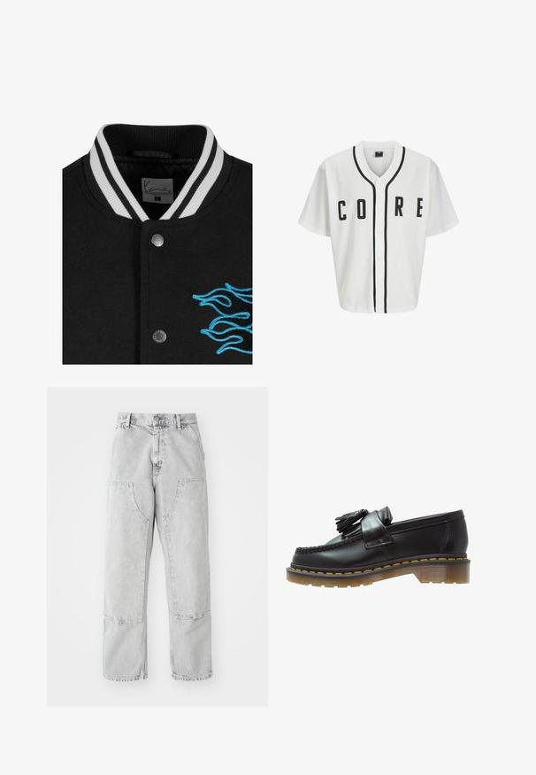 Czarna kurtka varsity z białymi paskami na kołnierzu, zapięciem na napy oraz żywym, niebieskim haftem płomienia po lewej stronie.; Biała koszulka baseballowa z krótkimi rękawami, czarnymi guzikami z przodu i wyraźnym napisem "CORE" w czerni. Posiada czarne akcenty wzdłuż kołnierza.; Biała bawełniana koszulka z długim rękawem i okrągłym dekoltem, z małym żółtym i bordowym logo po lewej stronie klatki piersiowej. Bezszwowe mankiety i dół.; Jasnoszare dżinsy o luźnym kroju, z dużymi kieszeniami bocznymi, widocznym szwem i prostym krojem nogawek. Pętelki na pasek w talii.; Czarne skórzane mokasyny o teksturowanym wykończeniu, z dekoracyjnym frędzlem i kontrastującym żółtym przeszyciem, na solidnej, przezroczystej podeszwie.