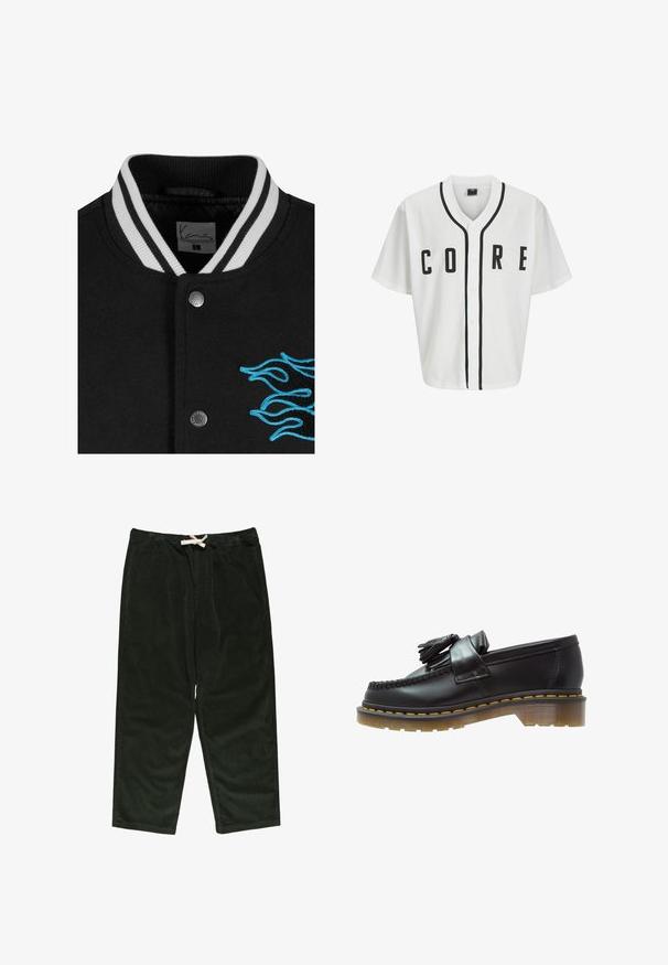 Schwarze College-Jacke mit einem weißen gestreiften Kragen, Druckknopfverschluss und lebendiger blauer Flammenstickerei auf der linken Seite.; Weißes Baseball-Trikot mit kurzen Ärmeln, schwarzen Frontknöpfen und fett gedrucktem "CORE"-Schriftzug in Schwarz. Mit schwarzen Akzenten entlang des Kragens.; Langärmliges weißes Baumwoll-T-Shirt mit Rundhalsausschnitt, das auf der linken Brust ein kleines gelbes und burgunderrotes Logo trägt. Nahtlose Bündchen und Saum.; Dunkelgrüne Cord-Hose mit einem Elastikbund und Kordelzug, lockerer Passform und Seitentaschen. Weicher Stoff und gerades Bein.; Schwarze Lederloafer mit strukturiertem Finish, ausgestattet mit einer dekorativen Quaste und kontrastierenden gelben Nähten, auf einer klobigen, transparenten Sohle.
