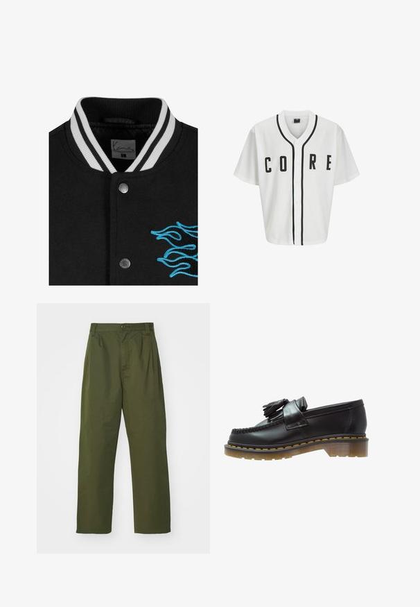 Črn univerzitetni jopič z belimi črtami na ovratniku, zapiranjem na gumbke in živahnimi modrimi plameni izvezenimi na levi strani.; Bela bejzbolska majica s kratkimi rokavi, črni sprednji gumbi in poudarjeno besedilo "CORE" v črni barvi. Ima črne obrobe okrog ovratnika.; Dolga majica iz belega bombaža s kratkimi rokavi in krojnim izrezom, ki ima majhen rumen in bordo logotip na levem prsnem delu. Brezšivne manšete in rob.; Olivno zelene hlače z visokim pasom in ravnim krojem. Narejene iz lahkotnega materiala, z sprednjimi gubami in gumbnim zapiranjem.; Črne usnjene loafersice z teksturirano površino, ki vsebujejo dekorativno rese in kontrastno rumeno šivanje, na masivnem prozornem podplatu.