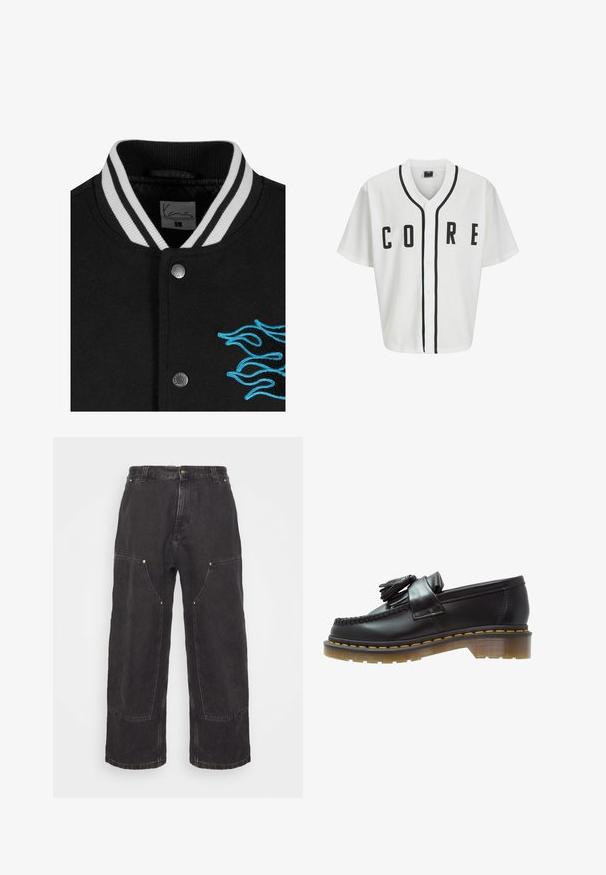 Črn univerzitetni jopič z belimi črtami na ovratniku, zapiranjem na gumbke in živahnimi modrimi plameni izvezenimi na levi strani.; Bela bejzbolska majica s kratkimi rokavi, črni sprednji gumbi in poudarjeno besedilo "CORE" v črni barvi. Ima črne obrobe okrog ovratnika.; Dolga majica iz belega bombaža s kratkimi rokavi in krojnim izrezom, ki ima majhen rumen in bordo logotip na levem prsnem delu. Brezšivne manšete in rob.; Carhartt WIP NASH PANT SMITH - Široke kavbojke - black stone washed; Črne usnjene loafersice z teksturirano površino, ki vsebujejo dekorativno rese in kontrastno rumeno šivanje, na masivnem prozornem podplatu.