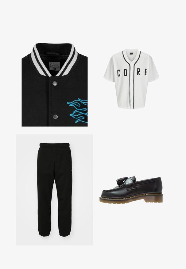 Fekete egyetemi dzseki fehér csíkos gallérral, patentgombos záródással és élénk kék lánghímzéssel a bal oldalon.; Fehér baseball stílusú mez rövid ujjakkal, fekete elülső gombokkal, és feltűnő "CORE" felirattal fekete színben. Fekete díszítés található a gallér mentén.; Hosszú ujjú fehér pamut póló, kerek nyakkal, bal mellen egy kis sárga és bordó logóval. Zökkenőmentes mandzsetták és szegély.; Fekete melegítőnadrág puha anyagból, rugalmas derékkal, gumis bokákkal és egy kis logóval az oldalon.; Fekete bőr loaferek texturált felülettel, dekoratív bojtokkal és kontrasztos sárga varrással, tömzsi, átlátszó talpon.