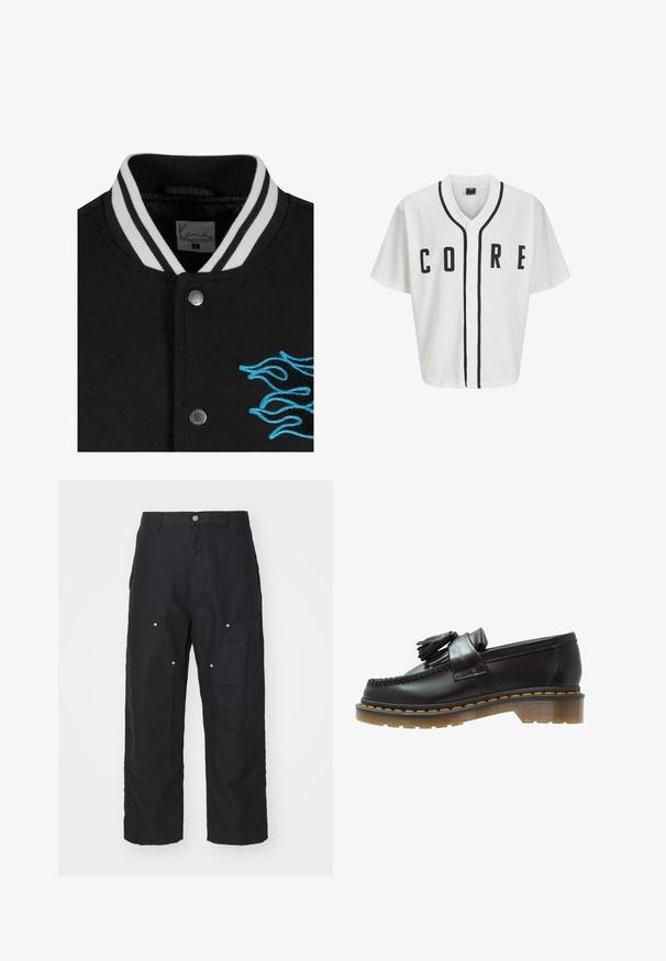 Chaqueta varsity negra con cuello de rayas blancas, cierre de botones a presión y un vibrante bordado de llamas azules en el lado izquierdo.; Jersey blanca estilo béisbol con mangas cortas, botones frontales negros y letras en negrita "CORE" en negro. Presenta un ribete negro a lo largo del cuello.; Camiseta blanca de algodón de manga larga con cuello redondo, que presenta un pequeño logo amarillo y burdeos en el lado izquierdo del pecho. Puños y dobladillo sin costuras.; Pantalones negros de una tela texturizada, con una cintura alta, corte holgado y bolsillos frontales con herrajes de botón a presión en tono plateado.; Mocasines de cuero negro con un acabado texturizado, que presentan un borlas decorativa y una costura amarilla en contraste, sobre una suela gruesa y transparente.