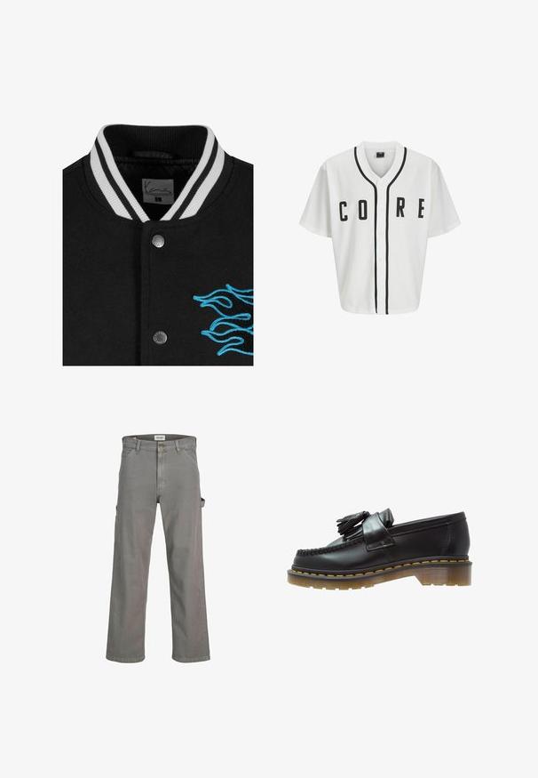 Černá varsity bunda s bílými pruhovanými límci, zapínáním na cvoky a výraznou modrou vyšívanou plamenovou ilustrací na levé straně.; Bílý baseballový dres s krátkými rukávy, černými předními knoflíky a výrazným nápisem "CORE" v černé barvě. Obsahuje černé akcenty podél límce.; Bílý bavlněný tričko s dlouhými rukávy a kulatým výstřihem, na levé části hrudi se nachází malé logo v žluté a burgundské barvě. Bezšvové manžety a lem.; Šedé cargo kalhoty vyrobené z bavlny. Mají volný střih, několik kapes a zipový klip s knoflíkovým uzavřením. Rovný střih nohavic.; Černé kožené mokasíny s texturovaným povrchem, zdobené dekorativním třásněm a kontrastním žlutým prošíváním, na robustní průhledné podrážce.