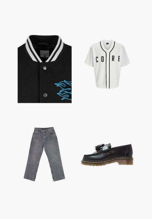 Black varsity jacket featuring a white striped collar, snap button closure, and vibrant blue flame embroidery on the left side.; White baseball-style jersey with short sleeves, black front buttons, and bold "CORE" lettering in black. Features black accent trim along the collar.; Long-sleeve white cotton T-shirt with a crew neck, featuring a small yellow and burgundy logo on the left chest. Seamless cuffs and hem.; Gray denim pants with a straight-leg cut, featuring five pockets, belt loops, and a faded texture. Simple design, no visible patterns.; Black leather loafers with a textured finish, featuring a decorative tassel and contrasting yellow stitching, on a chunky, transparent sole.