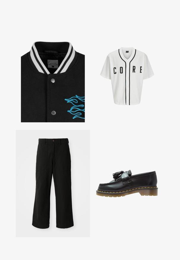 Črn univerzitetni jopič z belimi črtami na ovratniku, zapiranjem na gumbke in živahnimi modrimi plameni izvezenimi na levi strani.; Bela bejzbolska majica s kratkimi rokavi, črni sprednji gumbi in poudarjeno besedilo "CORE" v črni barvi. Ima črne obrobe okrog ovratnika.; Dolga majica iz belega bombaža s kratkimi rokavi in krojnim izrezom, ki ima majhen rumen in bordo logotip na levem prsnem delu. Brezšivne manšete in rob.; Črne široke hlače iz mehkega blaga, ki imajo sprednje žepe in gumbasto zapiranje pri pasu. Minimalistična zasnova brez vidnih vzorcev.; Črne usnjene loafersice z teksturirano površino, ki vsebujejo dekorativno rese in kontrastno rumeno šivanje, na masivnem prozornem podplatu.