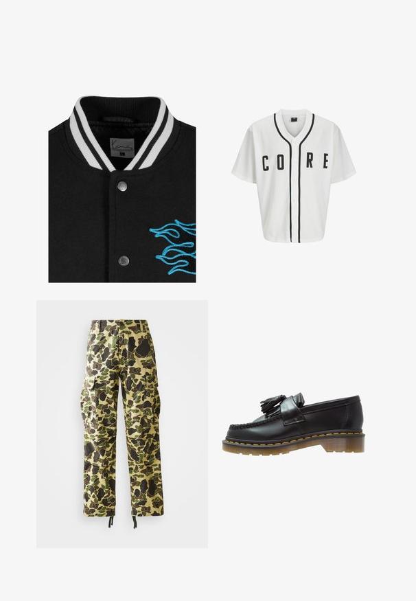 Zwarte varsityjack met een witte gestreepte kraag, drukknoopsluiting en levendige blauwe vlamborduursel aan de linkerkant.; Witte honkbalstijl trui met korte mouwen, zwarte voorknopjes en gedurfde "CORE" letters in het zwart. Beschikt over zwarte accenten langs de kraag.; Witte katoenen T-shirt met lange mouwen en ronde hals, met een klein geel en bordeaux logo op de linkerborst. Naadloze manchetten en zoom.; Heren straight-leg cargo pantalons met een groen, bruin en beige camouflagemotief, knoopsluiting, zijzakken en koordjes in de broekspijpen.; Zwarte leren instappers met een gestructureerde afwerking, voorzien van een decoratieve kwast en contrasterende gele stiksels, op een chunky, transparante zool.