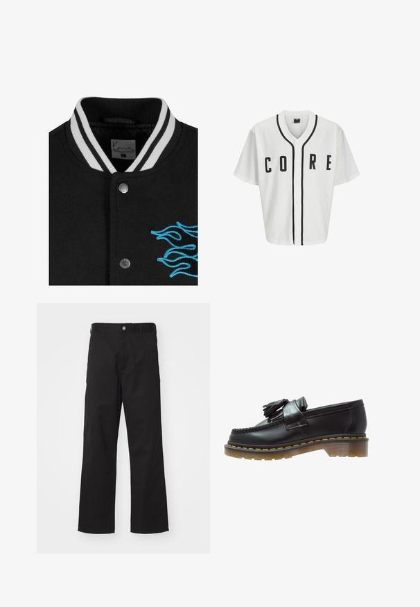 Chaqueta varsity negra con cuello de rayas blancas, cierre de botones a presión y un vibrante bordado de llamas azules en el lado izquierdo.; Jersey blanca estilo béisbol con mangas cortas, botones frontales negros y letras en negrita "CORE" en negro. Presenta un ribete negro a lo largo del cuello.; Camiseta blanca de algodón de manga larga con cuello redondo, que presenta un pequeño logo amarillo y burdeos en el lado izquierdo del pecho. Puños y dobladillo sin costuras.; Pantalones negros de tela duradera con un corte recto, que presentan un cierre frontal con botón, passadores para cinturón y sin patrones o acentos visibles.; Mocasines de cuero negro con un acabado texturizado, que presentan un borlas decorativa y una costura amarilla en contraste, sobre una suela gruesa y transparente.