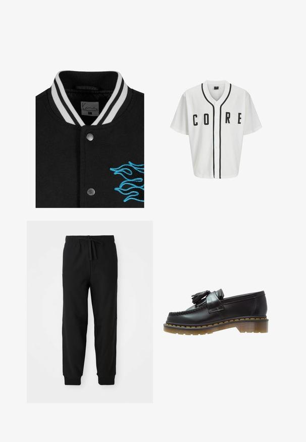 Juoda universiteto striukė su balta juostele apykaklėje, spaudžių mygtukų uždarymu ir ryškiai mėlyna liepsnos siuvinėjimu kairėje pusėje.; Balta beisbolo stiliaus marškinėliai trumpomis rankovėmis, juodais priekiais mygtukais ir ryškiu juodu užrašu "CORE". Kolaras puošia juoda akcentinė apdaila.; Ilgavais baltas medvilninis marškinėliai su apykakle, su mažuoju geltonos ir raudonos spalvos logotipu kairėje krūtinės pusėje. Be siūlių rankogaliai ir pakloto kraštas.; Juodos sportinės kelnės su elastingu juosmeniu ir reguliuojamu raiščiu. Prigludę rankogaliai ir šoninės siūlės sukuria elegantišką siluetą.; Juodai odiniai loaferiai su tekstūruotu paviršiumi, dekoruoti dekoratyvinėmis kutais ir kontrastingomis geltonomis siūlėmis, ant masyvaus, skaidraus pado.