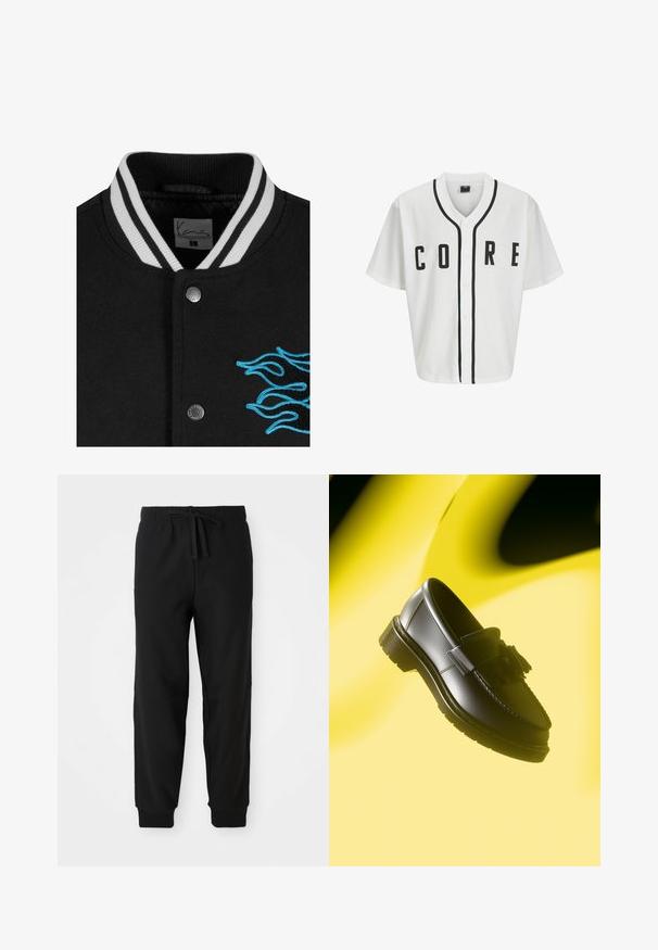Black varsity jacket featuring a white striped collar, snap button closure, and vibrant blue flame embroidery on the left side.; White baseball-style jersey with short sleeves, black front buttons, and bold "CORE" lettering in black. Features black accent trim along the collar.; Long-sleeve white cotton T-shirt with a crew neck, featuring a small yellow and burgundy logo on the left chest. Seamless cuffs and hem.; Black sweatpants with an elastic waistband and adjustable drawstring. Fitted cuffs and side seams create a streamlined silhouette.; Black leather loafers with a decorative tassel, featuring a stitched edge and thick, textured sole. Set against a yellow background.