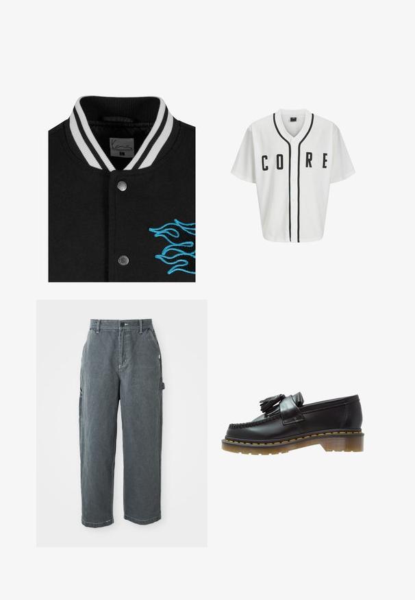 Črn univerzitetni jopič z belimi črtami na ovratniku, zapiranjem na gumbke in živahnimi modrimi plameni izvezenimi na levi strani.; Bela bejzbolska majica s kratkimi rokavi, črni sprednji gumbi in poudarjeno besedilo "CORE" v črni barvi. Ima črne obrobe okrog ovratnika.; Dolga majica iz belega bombaža s kratkimi rokavi in krojnim izrezom, ki ima majhen rumen in bordo logotip na levem prsnem delu. Brezšivne manšete in rob.; Temno sivi delovni hlače straight-leg z očesci za pas, sprednjim gumbom in zadrgo, stranskimi žepi ter zankami za kladivo na desni nogi.; Črne usnjene loafersice z teksturirano površino, ki vsebujejo dekorativno rese in kontrastno rumeno šivanje, na masivnem prozornem podplatu.