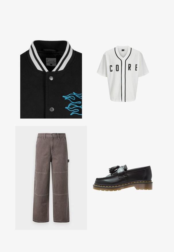 Čierna varsity bunda s bielym prúžkovaným golierom, zapínaním na cvoky a živou modrou výšivkou plameňa na ľavej strane.; Biela baseballová mikina s krátkymi rukávmi, čiernymi prednými gombíkmi a výrazným nápisom "CORE" v čiernej farbe. Má čierne akcenty pozdĺž goliera.; Dlhý rukáv bielej bavlnenej tričko s okrúhlym výstrihom, s malým žltým a vínovým logom na ľavej hrudi. Bezšvové manžety a lem.; Široké nohavice v vyblednutej hnedej farbe, vyrobené z odolnej tkaniny s kontrastným prešívaním. Obsahujú panelové detaily a bočnú kapsu.; Čierne kožené mokasíny s textúrovaným povrchom, so zdobnou strapcovou aplikáciou a kontrastným žltým prešívaním, na masívnej priehľadnej podrážke.