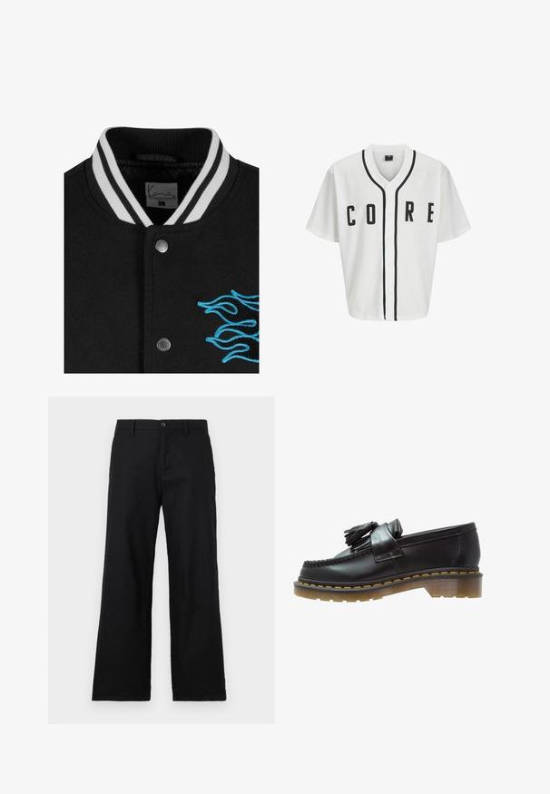 Schwarze College-Jacke mit einem weißen gestreiften Kragen, Druckknopfverschluss und lebendiger blauer Flammenstickerei auf der linken Seite.; Weißes Baseball-Trikot mit kurzen Ärmeln, schwarzen Frontknöpfen und fett gedrucktem "CORE"-Schriftzug in Schwarz. Mit schwarzen Akzenten entlang des Kragens.; Langärmliges weißes Baumwoll-T-Shirt mit Rundhalsausschnitt, das auf der linken Brust ein kleines gelbes und burgunderrotes Logo trägt. Nahtlose Bündchen und Saum.; Schwarze Gerade-Hosen aus Baumwolle, mit Knopfverschluss und Gürtelschlaufen. Glatte Textur ohne sichtbare Muster oder Akzente.; Schwarze Lederloafer mit strukturiertem Finish, ausgestattet mit einer dekorativen Quaste und kontrastierenden gelben Nähten, auf einer klobigen, transparenten Sohle.