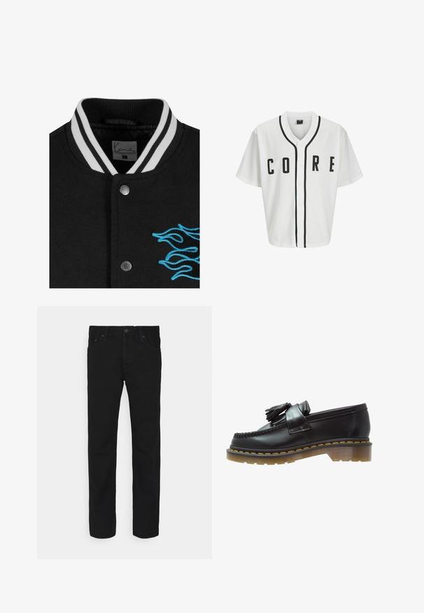 Chaqueta varsity negra con cuello de rayas blancas, cierre de botones a presión y un vibrante bordado de llamas azules en el lado izquierdo.; Jersey blanca estilo béisbol con mangas cortas, botones frontales negros y letras en negrita "CORE" en negro. Presenta un ribete negro a lo largo del cuello.; Camiseta blanca de algodón de manga larga con cuello redondo, que presenta un pequeño logo amarillo y burdeos en el lado izquierdo del pecho. Puños y dobladillo sin costuras.; Jeans negros de pierna recta con cierre y botón en la parte delantera, diseño de cinco bolsillos, exhibidos sobre un fondo blanco.; Mocasines de cuero negro con un acabado texturizado, que presentan un borlas decorativa y una costura amarilla en contraste, sobre una suela gruesa y transparente.