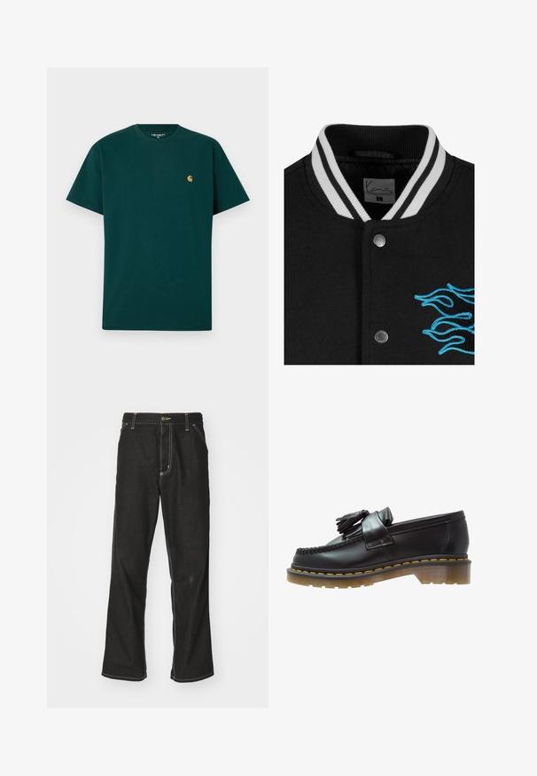Čierna varsity bunda s bielym prúžkovaným golierom, zapínaním na cvoky a živou modrou výšivkou plameňa na ľavej strane.; Biela baseballová mikina s krátkymi rukávmi, čiernymi prednými gombíkmi a výrazným nápisom "CORE" v čiernej farbe. Má čierne akcenty pozdĺž goliera.; Zelené bavlnené tričko s krátkymi rukávmi, okrúhlym výstrihom a malým žltým logom na hrudi. Hladká textura a jednoduchý dizajn.; Čierne denimové nohavice s voľným strihom, s kontrastným bielym prešívaním, uzáverom na gombík a rovnými nohavicami.; Čierne kožené mokasíny s textúrovaným povrchom, so zdobnou strapcovou aplikáciou a kontrastným žltým prešívaním, na masívnej priehľadnej podrážke.