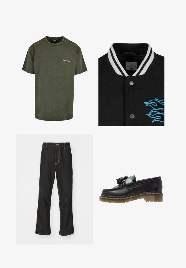 Jachetă varsity neagră, cu guler alb cu dungi, închidere cu nasturi și broderie stridentă cu flăcări albastre pe partea stângă.; Jersey alb de baseball cu mâneci scurte, nasturi frontali negri și inscripție îndrăzneață "CORE" în negru. Prezintă dungi negre de accent pe guler.; Tricou din bumbac de culoare verde măsliniu, cu mâneci scurte, guler rotund și o textură ușor uzată. Prezintă broderie albă "Urban Classics" pe piept.; Jeans negri din denim, cu o croială largă, cu cusături albe contrastante, închidere cu nasture și un design cu picior drept.; Mocasini din piele neagră cu un finisaj texturat, având un ciucure decorativ și cusături contrastante de culoare galbenă, pe un toc masiv, transparent.