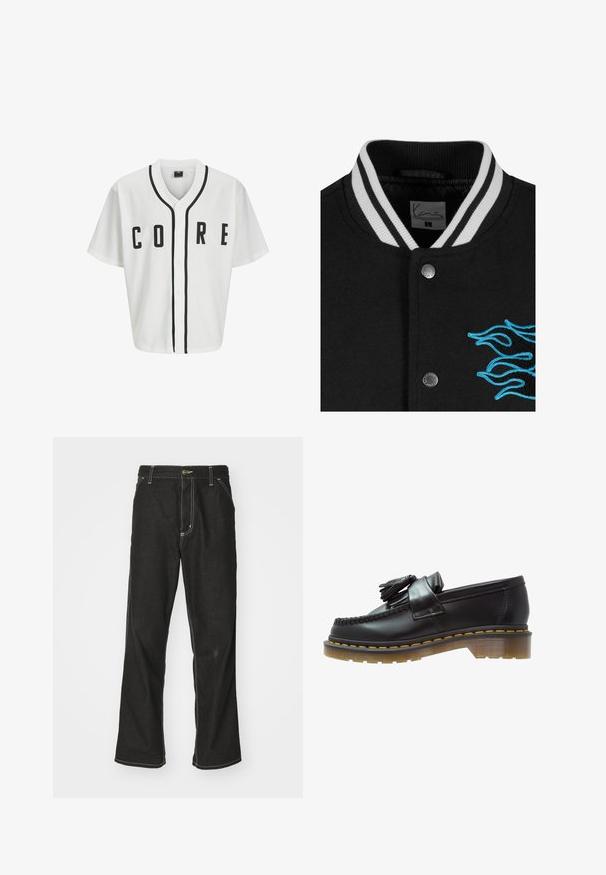 Fekete egyetemi dzseki fehér csíkos gallérral, patentgombos záródással és élénk kék lánghímzéssel a bal oldalon.; Fehér baseball stílusú mez rövid ujjakkal, fekete elülső gombokkal, és feltűnő "CORE" felirattal fekete színben. Fekete díszítés található a gallér mentén.; Hosszú ujjú fehér pamut póló, kerek nyakkal, bal mellen egy kis sárga és bordó logóval. Zökkenőmentes mandzsetták és szegély.; Fekete farmernadrág laza szabással, kontrasztos fehér varrással, gombos záródással és egyenes lábmegoldással.; Fekete bőr loaferek texturált felülettel, dekoratív bojtokkal és kontrasztos sárga varrással, tömzsi, átlátszó talpon.