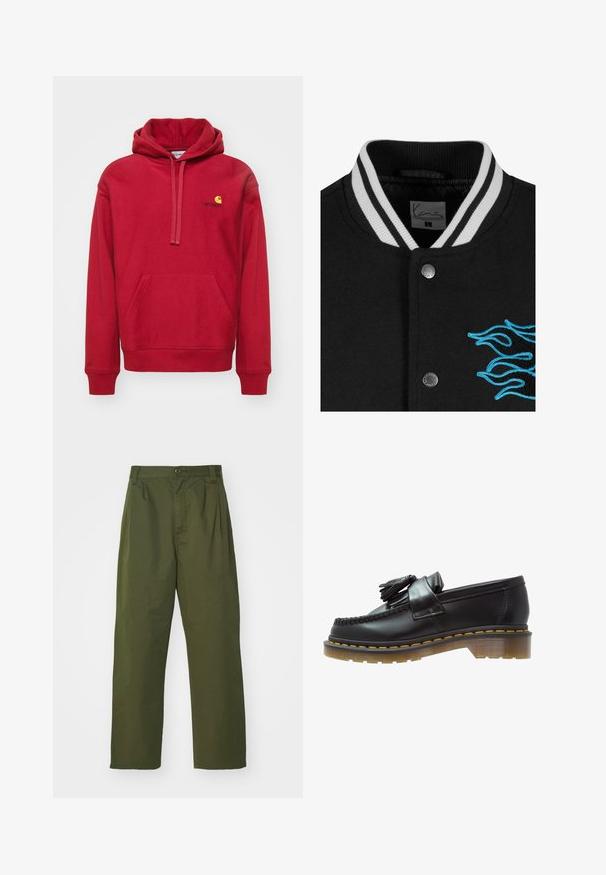 Giacca varsity nera con colletto a righe bianche, chiusura con bottoni a pressione e vivace ricamo di fiamme blu sul lato sinistro.; Carhartt WIP HOODED AMERICAN SCRIPT - Felpa con cappuccio - tuscany; Pantaloni verde oliva a vita alta con design a gamba dritta. Realizzati in un tessuto leggero, con pieghe frontali e chiusura a bottone.; Mocassini in pelle nera con finitura testurizzata, caratterizzati da un pon-pon decorativo e cuciture gialle a contrasto, su una suola spessa e trasparente.