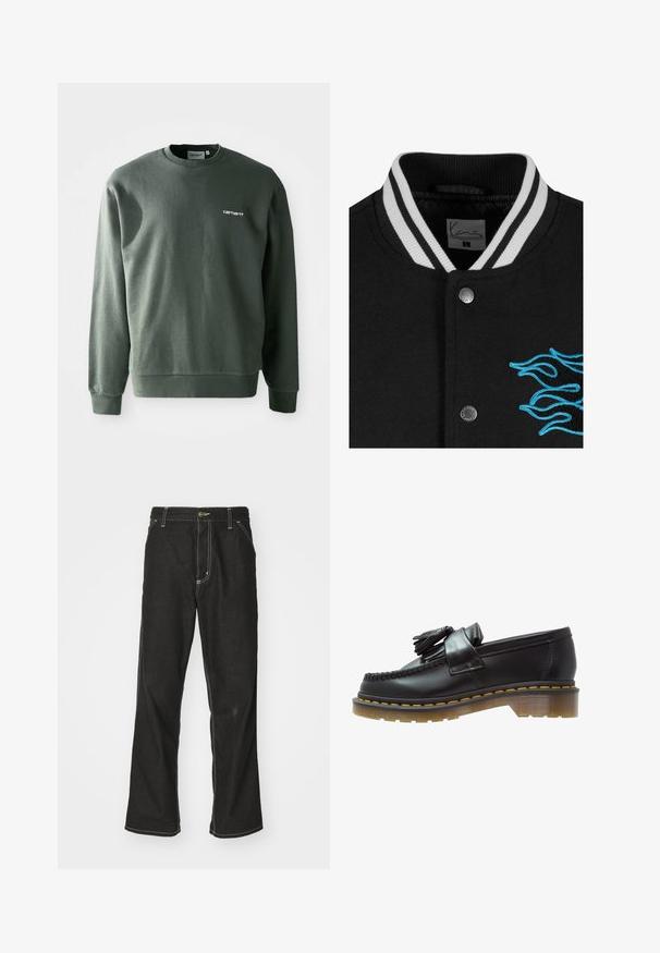 Musta yliopistojakki, jossa on valkoinen raidallinen kaulus, nepparikiinnitys ja eloisat siniset liekkikirjailut vasemmalla puolella.; Tummanvihreä puuvillasekoitehuppari, jossa on pyöreä kaula-aukko, ribbaatut hihansuut ja pieni valkoinen logo vasemmassa rinnassa.; Mustat farkut, joissa on löysä istuvuus, erottuva valkoinen ompelu, nappikiinnitys ja suora lahje.; Mustat nahka loaferit, joissa on teksturoitu pinta, koristeellinen tupsu ja erottuva keltainen ommel, paksulla, läpinäkyvällä pohjalla.