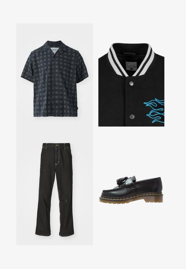 Fekete egyetemi dzseki fehér csíkos gallérral, patentgombos záródással és élénk kék lánghímzéssel a bal oldalon.; Fekete anyagú, rövid ujjú ing fehér pöttyökkel és szív mintákkal. Kivágott gallér; laza szabás; könnyű textúra.; Hosszú ujjú fehér pamut póló, kerek nyakkal, bal mellen egy kis sárga és bordó logóval. Zökkenőmentes mandzsetták és szegély.; Fekete farmernadrág laza szabással, kontrasztos fehér varrással, gombos záródással és egyenes lábmegoldással.; Fekete bőr loaferek texturált felülettel, dekoratív bojtokkal és kontrasztos sárga varrással, tömzsi, átlátszó talpon.