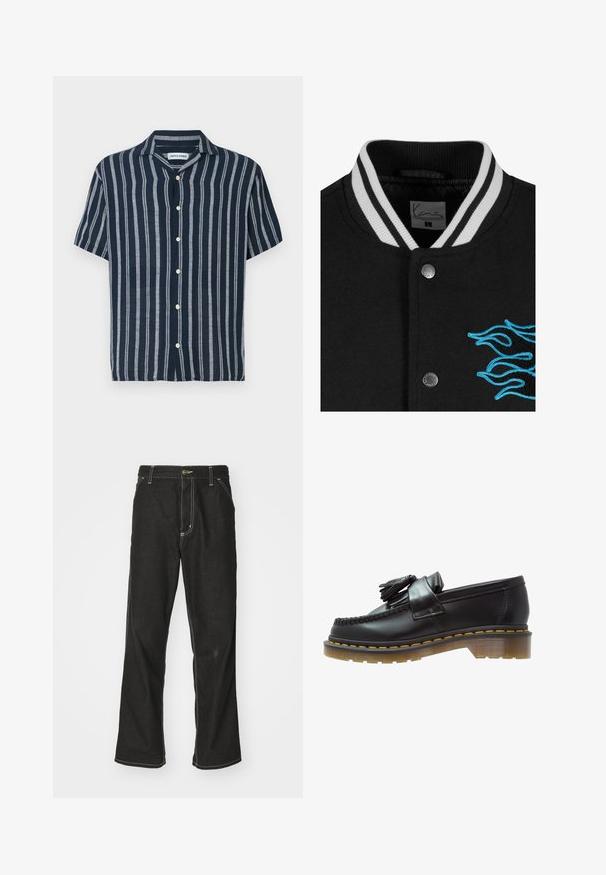 Črn univerzitetni jopič z belimi črtami na ovratniku, zapiranjem na gumbke in živahnimi modrimi plameni izvezenimi na levi strani.; Kratka majica s dugim rukavima v svetlem modrem s črtami. Opremljena s klasičnim ovratnikom in petimi sprednjimi gumbi. Narejena iz lahkega materiala.; Dolga majica iz belega bombaža s kratkimi rokavi in krojnim izrezom, ki ima majhen rumen in bordo logotip na levem prsnem delu. Brezšivne manšete in rob.; Črne jeans hlače ohlapenega kroja, ki imajo kontrastno belo šivanje, zapiranje na gumb in ravno nogavico.; Črne usnjene loafersice z teksturirano površino, ki vsebujejo dekorativno rese in kontrastno rumeno šivanje, na masivnem prozornem podplatu.
