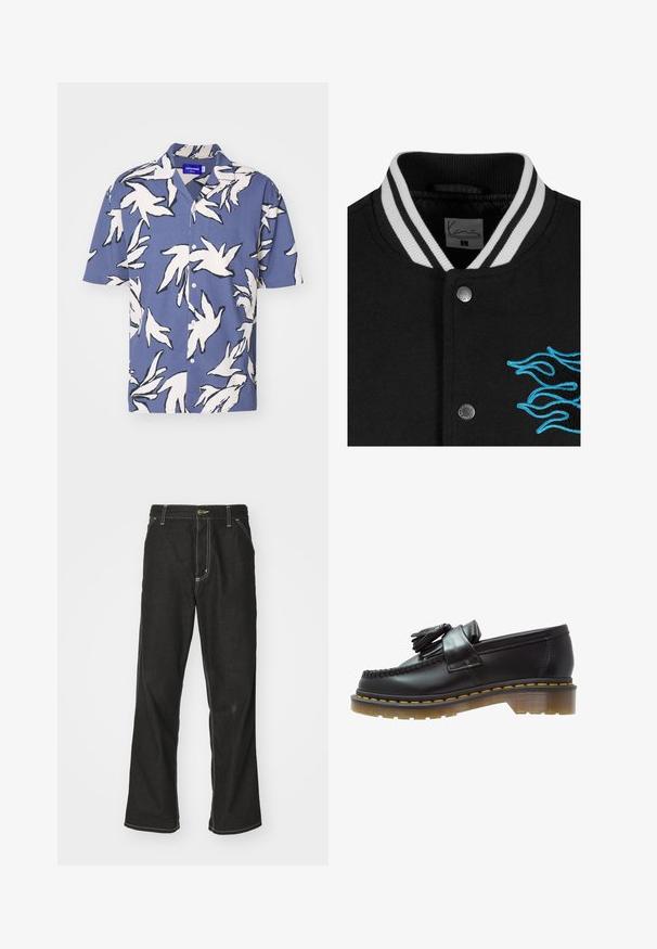 Schwarze College-Jacke mit einem weißen gestreiften Kragen, Druckknopfverschluss und lebendiger blauer Flammenstickerei auf der linken Seite.; Jack & Jones JORJEFF - Hemd - night shadow blue; Schwarze Denim-Jeans mit lockerer Passform, kontrastierenden weißen Nähten, einem Knopfverschluss und geradem Bein.; Schwarze Lederloafer mit strukturiertem Finish, ausgestattet mit einer dekorativen Quaste und kontrastierenden gelben Nähten, auf einer klobigen, transparenten Sohle.