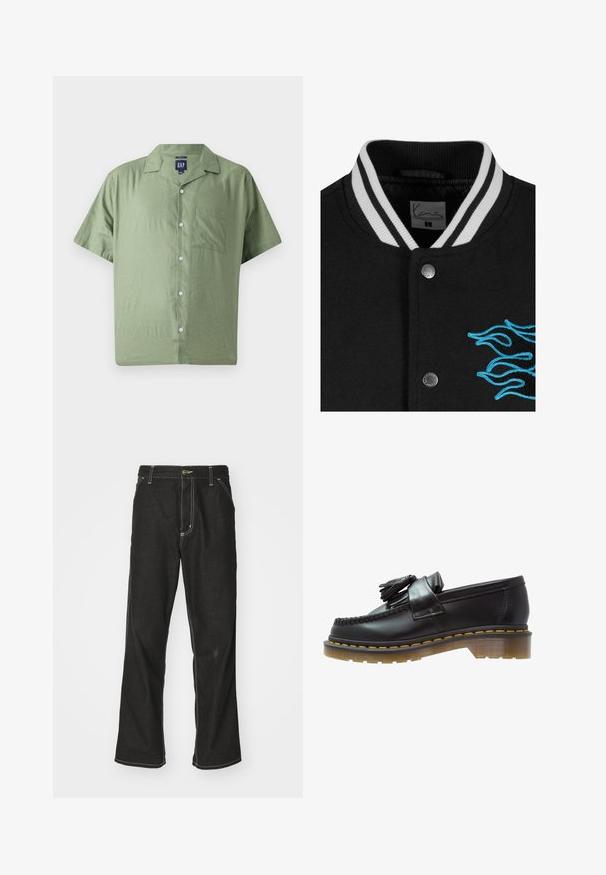 Chaqueta varsity negra con cuello de rayas blancas, cierre de botones a presión y un vibrante bordado de llamas azules en el lado izquierdo.; GAP Camisa - twig; Camiseta blanca de algodón de manga larga con cuello redondo, que presenta un pequeño logo amarillo y burdeos en el lado izquierdo del pecho. Puños y dobladillo sin costuras.; Jeans de mezclilla negra con un corte holgado, que cuentan con costuras blancas contrastantes, cierre de botón y un diseño de pierna recta.; Mocasines de cuero negro con un acabado texturizado, que presentan un borlas decorativa y una costura amarilla en contraste, sobre una suela gruesa y transparente.
