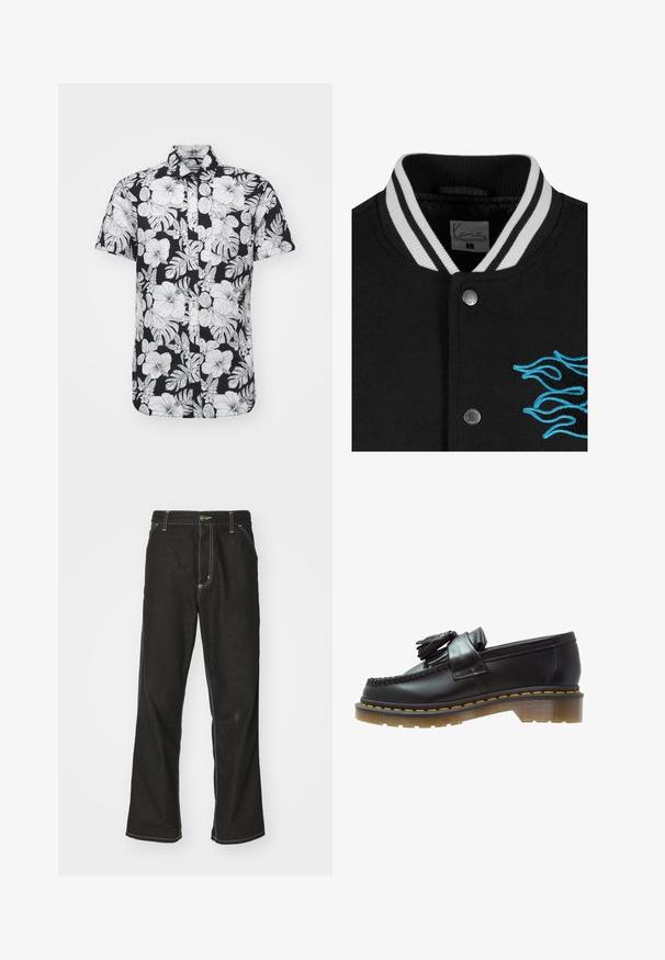 Juoda universiteto striukė su balta juostele apykaklėje, spaudžių mygtukų uždarymu ir ryškiai mėlyna liepsnos siuvinėjimu kairėje pusėje.; Trumpas rankovės marškiniai, turintys juodą foną su ryškiomis baltomis gėlių ir lapų raštais, apykaklės dizainu ir tiesiu kraštu.; Ilgavais baltas medvilninis marškinėliai su apykakle, su mažuoju geltonos ir raudonos spalvos logotipu kairėje krūtinės pusėje. Be siūlių rankogaliai ir pakloto kraštas.; Juodi džinsai su laisvu siluetu, turintys kontrastingas balto siūlo siūles, mygtuko uždarymą ir tiesų kojos dizainą.; Juodai odiniai loaferiai su tekstūruotu paviršiumi, dekoruoti dekoratyvinėmis kutais ir kontrastingomis geltonomis siūlėmis, ant masyvaus, skaidraus pado.