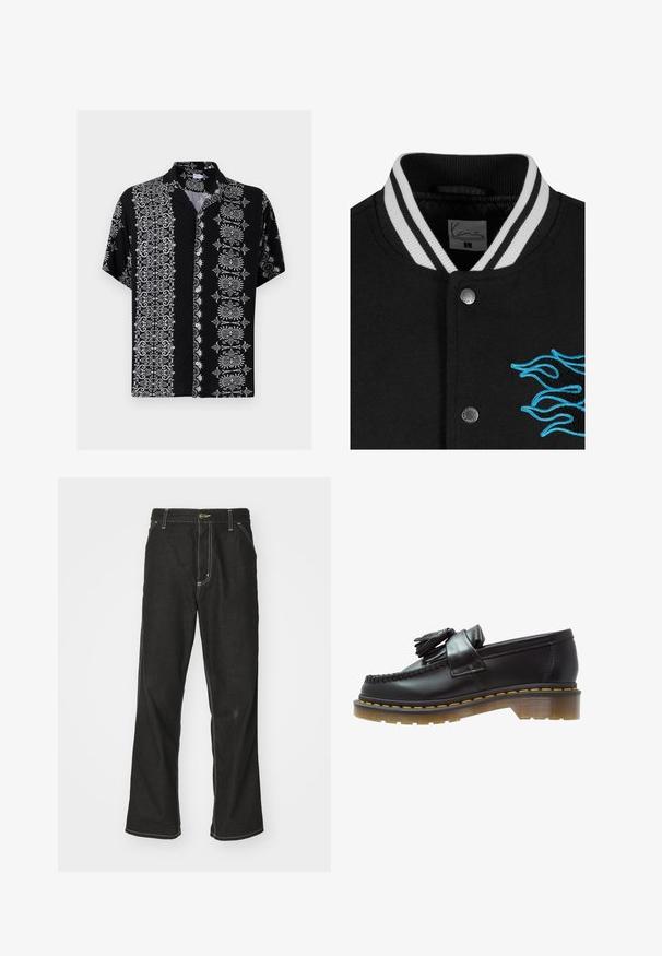 Veste de sport noire avec un col à rayures blanches, fermeture à boutons-pression et broderie de flammes bleues vives sur le côté gauche.; Chemise à boutons à manches courtes en tissu noir, ornée de motifs floraux complexes blancs et de motifs décoratifs des deux côtés, avec un col.; T-shirt en coton blanc à manches longues avec un col rond, arborant un petit logo jaune et bordeaux sur la poitrine gauche. Poignets et ourlet sans coutures.; Jean en denim noir avec une coupe ample, comportant des coutures blanches contrastantes, une fermeture à bouton et un design à jambes droites.; Mocassins en cuir noir avec une finition texturée, ornés d'un pompon décoratif et de coutures jaunes contrastantes, sur une semelle épaisse et transparente.