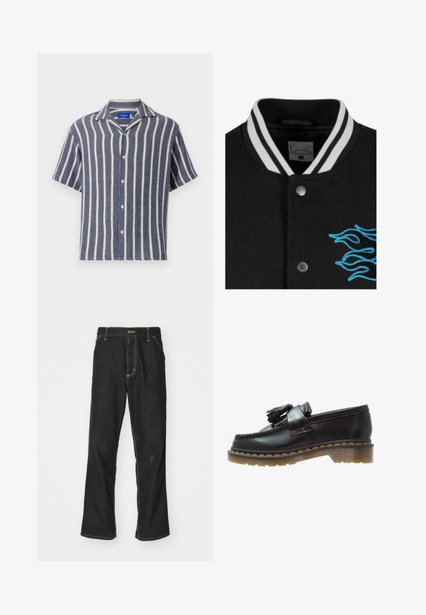 Musta yliopistojakki, jossa on valkoinen raidallinen kaulus, nepparikiinnitys ja eloisat siniset liekkikirjailut vasemmalla puolella.; Lyhythihainen paita tummansinisenä, jossa on valkoisia pystysuoria raitoja. Valmistettu tekstuudirikhommasta, jossa on avokollar ja nappikiinnitys.; Pitkähihainen valkoinen puuvillapaita, jossa on pyöreä kaula-aukko. Vasemmassa rinnassa on pieni keltainen ja burgundinvärinen logo. Saumattomat hihansuut ja helma.; Mustat farkut, joissa on löysä istuvuus, erottuva valkoinen ompelu, nappikiinnitys ja suora lahje.; Mustat nahka loaferit, joissa on teksturoitu pinta, koristeellinen tupsu ja erottuva keltainen ommel, paksulla, läpinäkyvällä pohjalla.