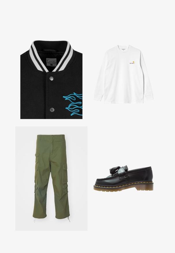 Schwarze College-Jacke mit einem weißen gestreiften Kragen, Druckknopfverschluss und lebendiger blauer Flammenstickerei auf der linken Seite.; Langärmliges weißes Baumwoll-T-Shirt mit Rundhalsausschnitt, das auf der linken Brust ein kleines gelbes und burgunderrotes Logo trägt. Nahtlose Bündchen und Saum.; Olivegrüne Cargo-Hosen aus Baumwolle, mit Seitentaschen, Knopfverschluss, geradem Schnitt und verstellbaren Säumen für eine individuell anpassbare Länge.; Schwarze Lederloafer mit strukturiertem Finish, ausgestattet mit einer dekorativen Quaste und kontrastierenden gelben Nähten, auf einer klobigen, transparenten Sohle.