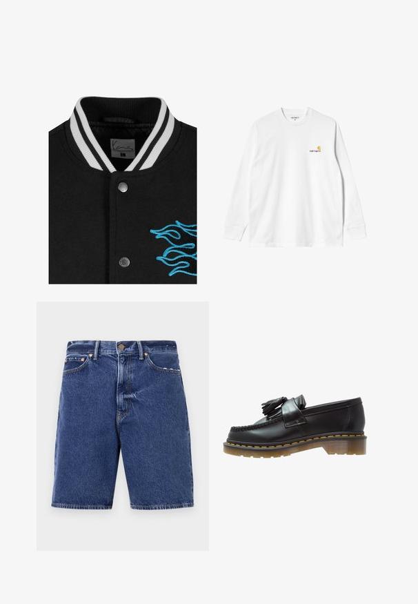 Black varsity jacket featuring a white striped collar, snap button closure, and vibrant blue flame embroidery on the left side.; Long-sleeve white cotton T-shirt with a crew neck, featuring a small yellow and burgundy logo on the left chest. Seamless cuffs and hem.; Denim shorts in dark blue with a classic cut, featuring a button closure, five pockets, and contrasting orange stitching.; Black leather loafers with a textured finish, featuring a decorative tassel and contrasting yellow stitching, on a chunky, transparent sole.